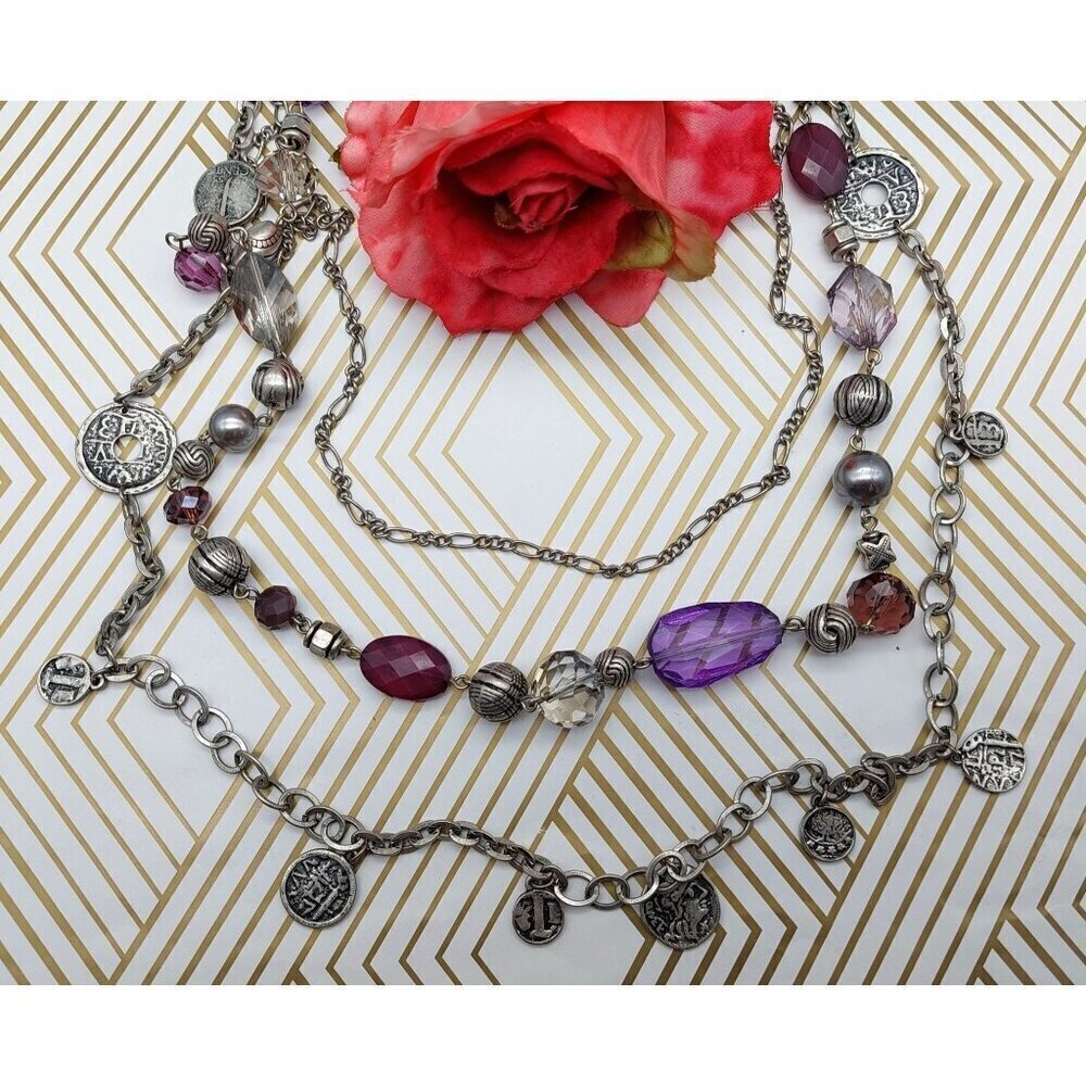 Premier Designs Silver Tone Purple Multi Strand Layered Chain Coin Necklace 32"